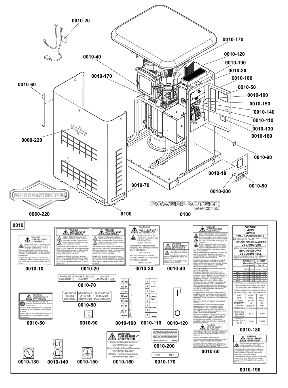 Decals Group Diagram and Parts List for 040669-00  Briggs and Stratton Generator